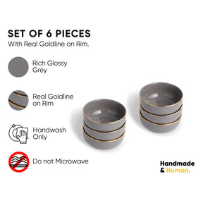 Ceramic Veg Bowls Set of 6 for Dinner | 180ml | Gold Line Collection