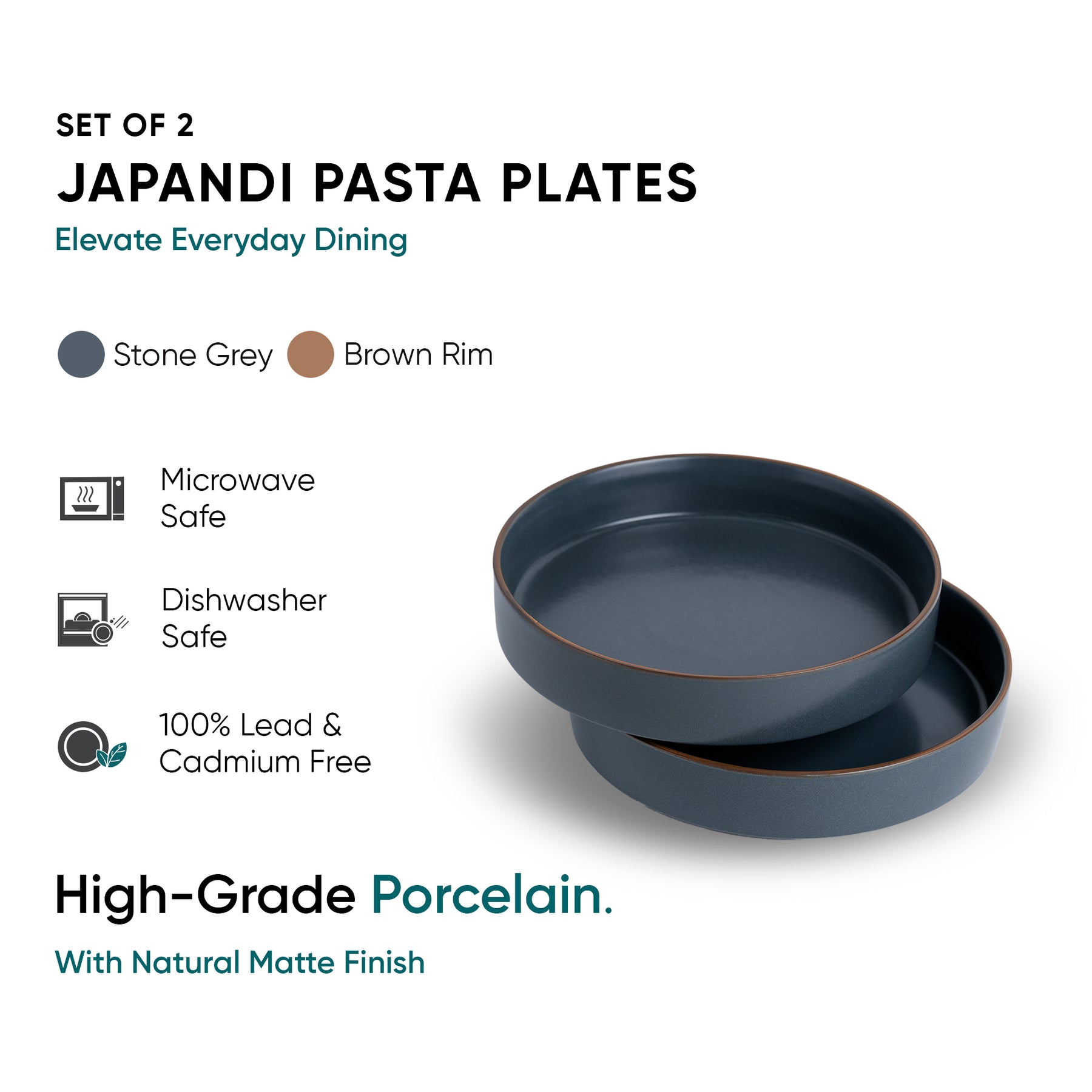 Stackable Ceramic Pasta Bowl Set of 2 Grey Japandi Collection