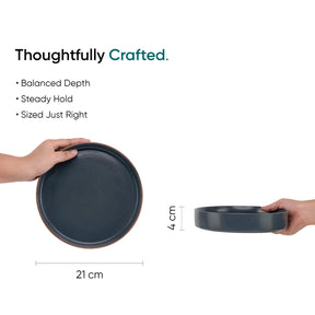 Two hands holding a round pan with dimensions and text about its design.
