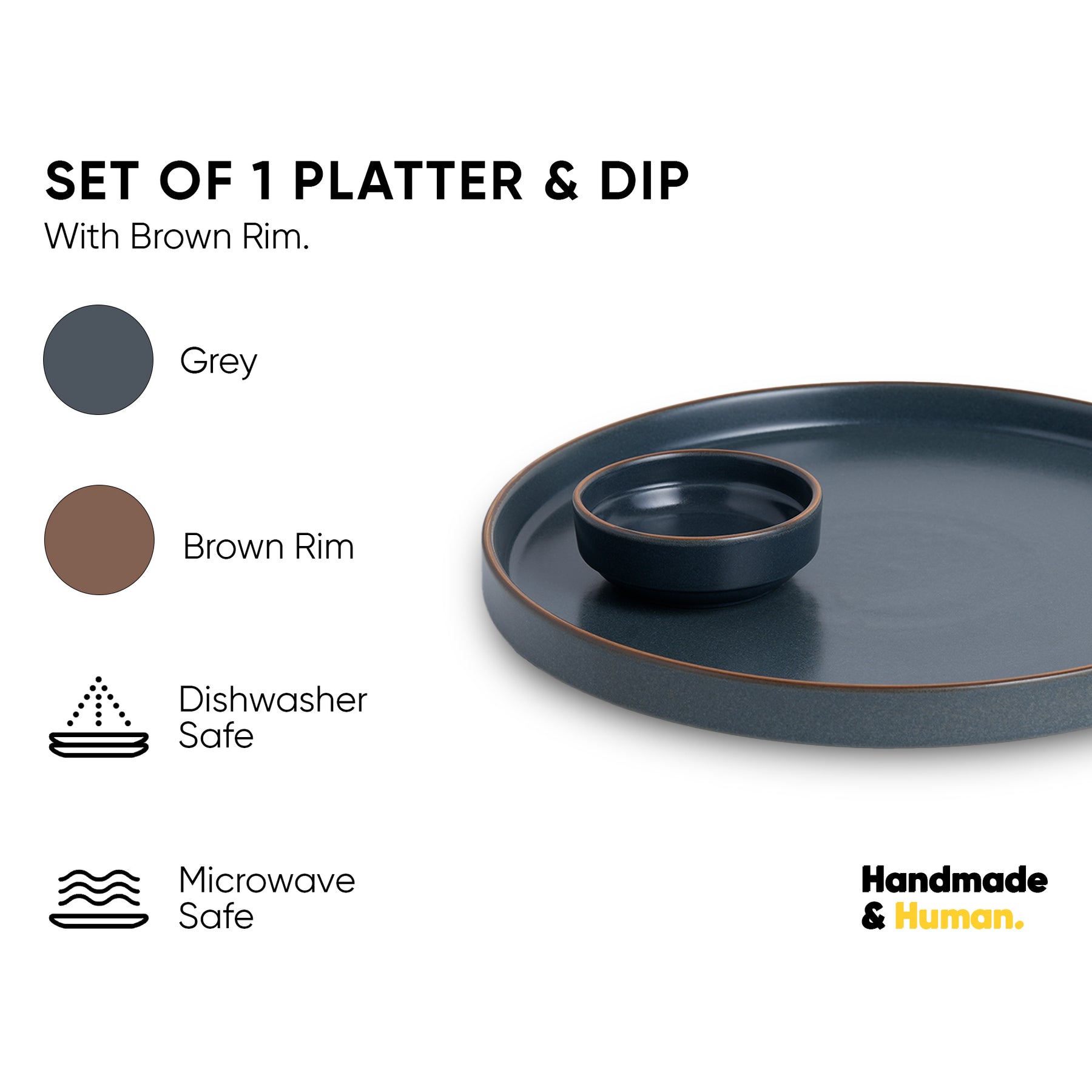 Large Round Ceramic Serving Platter, Grey 1 Platter, 1 Dip | Matte Finish | Japandi Platter