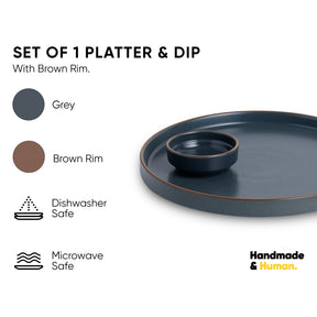 Large Round Ceramic Serving Platter, Grey 1 Platter, 1 Dip | Matte Finish | Japandi Platter