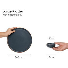 Large Round Ceramic Serving Platter, Grey 1 Platter, 1 Dip | Matte Finish | Japandi Platter