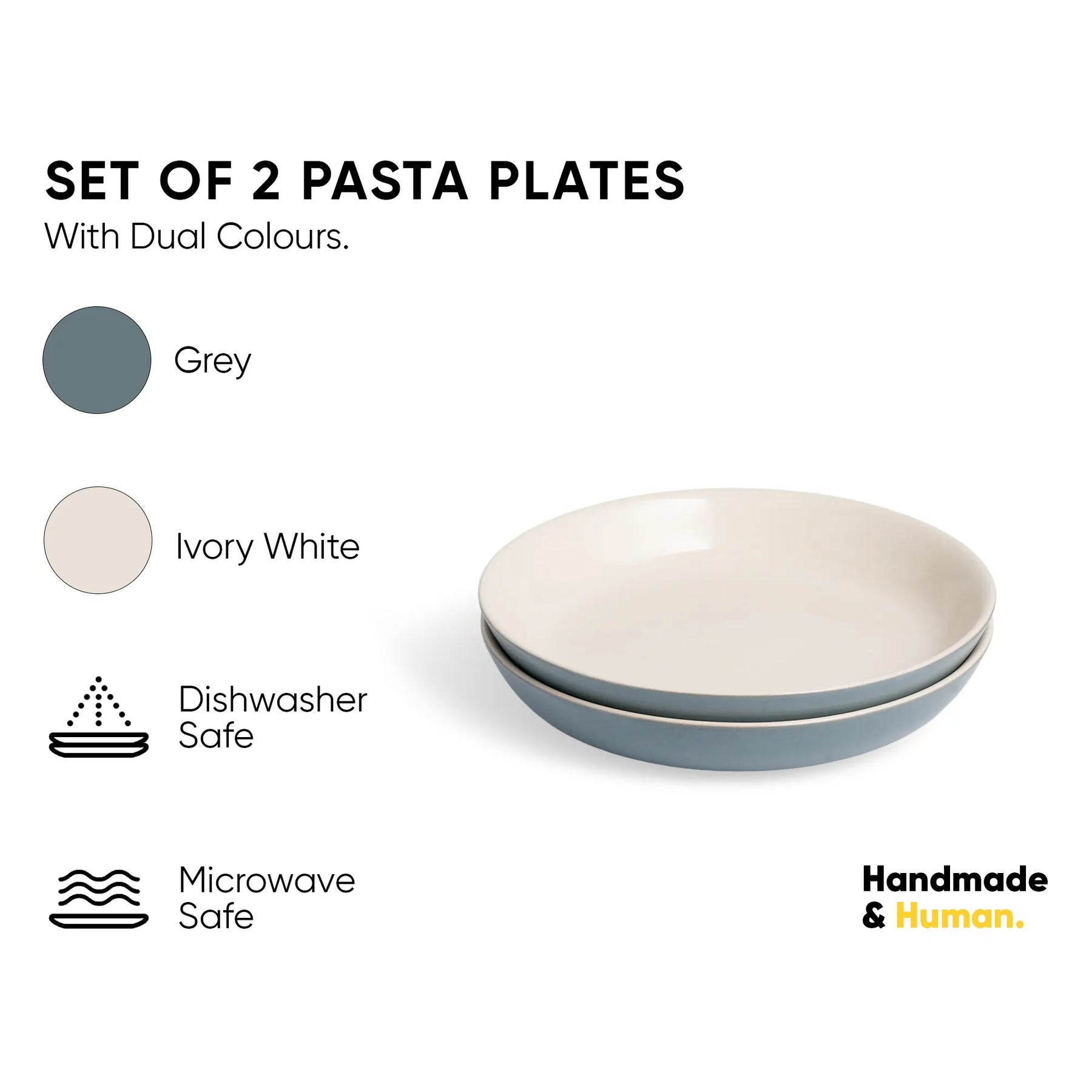 Set of 2 pasta plates with dual colors, shown with a stack of plates on a white background.