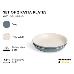 Set of 2 pasta plates with dual colors, shown with a stack of plates on a white background.
