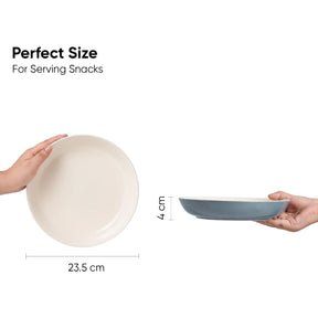 Measurement chart showing a white bowl and a blue bowl held by hands, with text indicating 'Perfect Size For Serving Snacks' and dimensions.