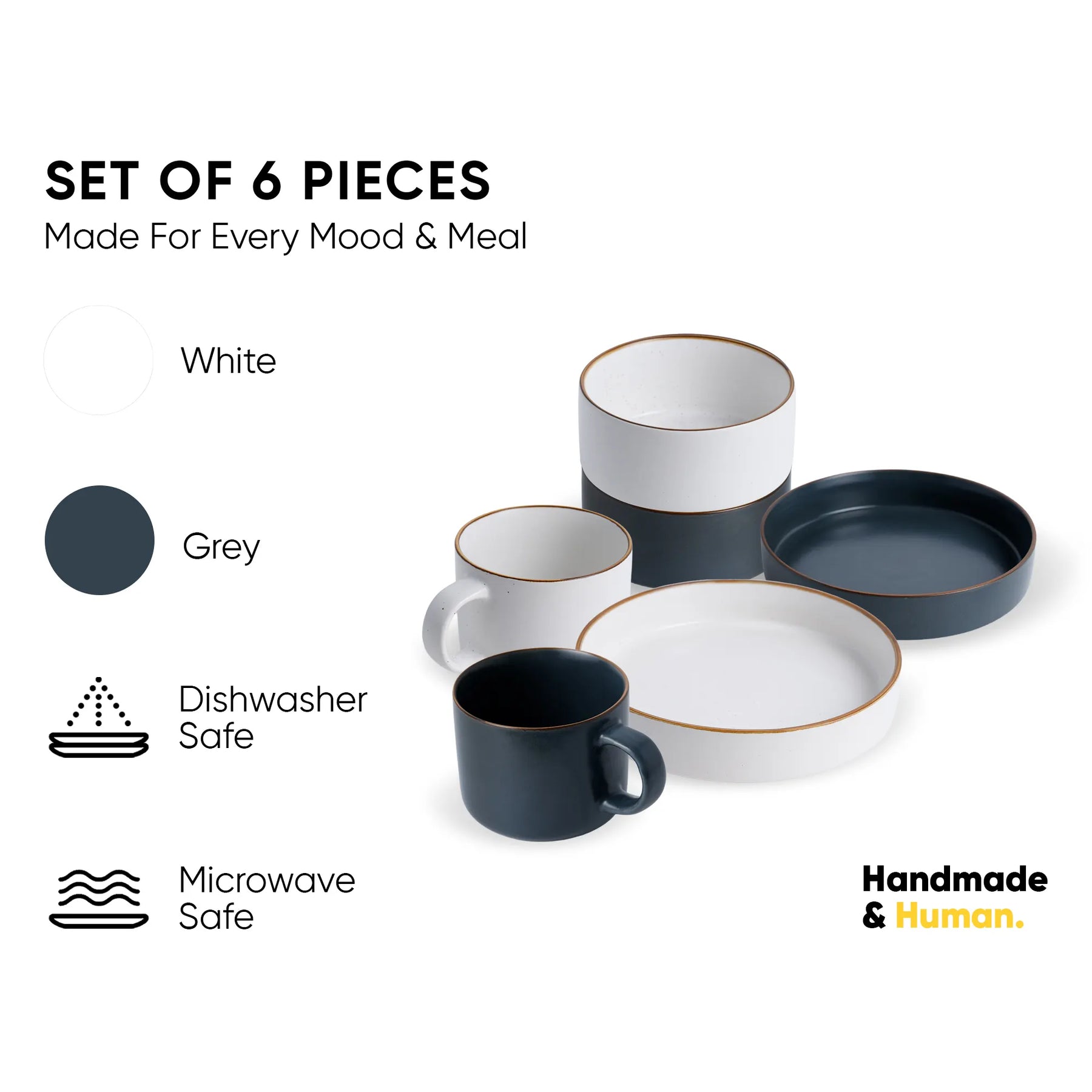 Set of 6 ceramic dishes in white, grey, and black with text indicating features on a white background.