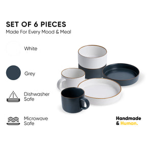 Ceramic Modern Dinnerware Set, 6 Pcs, Grey & White | Japandi Breakfast Set