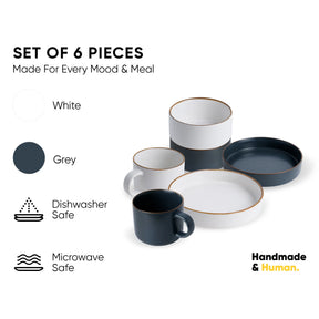 Set of 6 ceramic dishes in white, grey, and black with text indicating features on a white background.