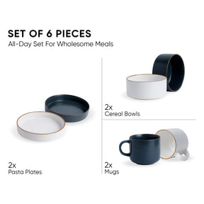 Set of 6 ceramic dinnerware pieces including bowls, plates, and mugs on a white background.