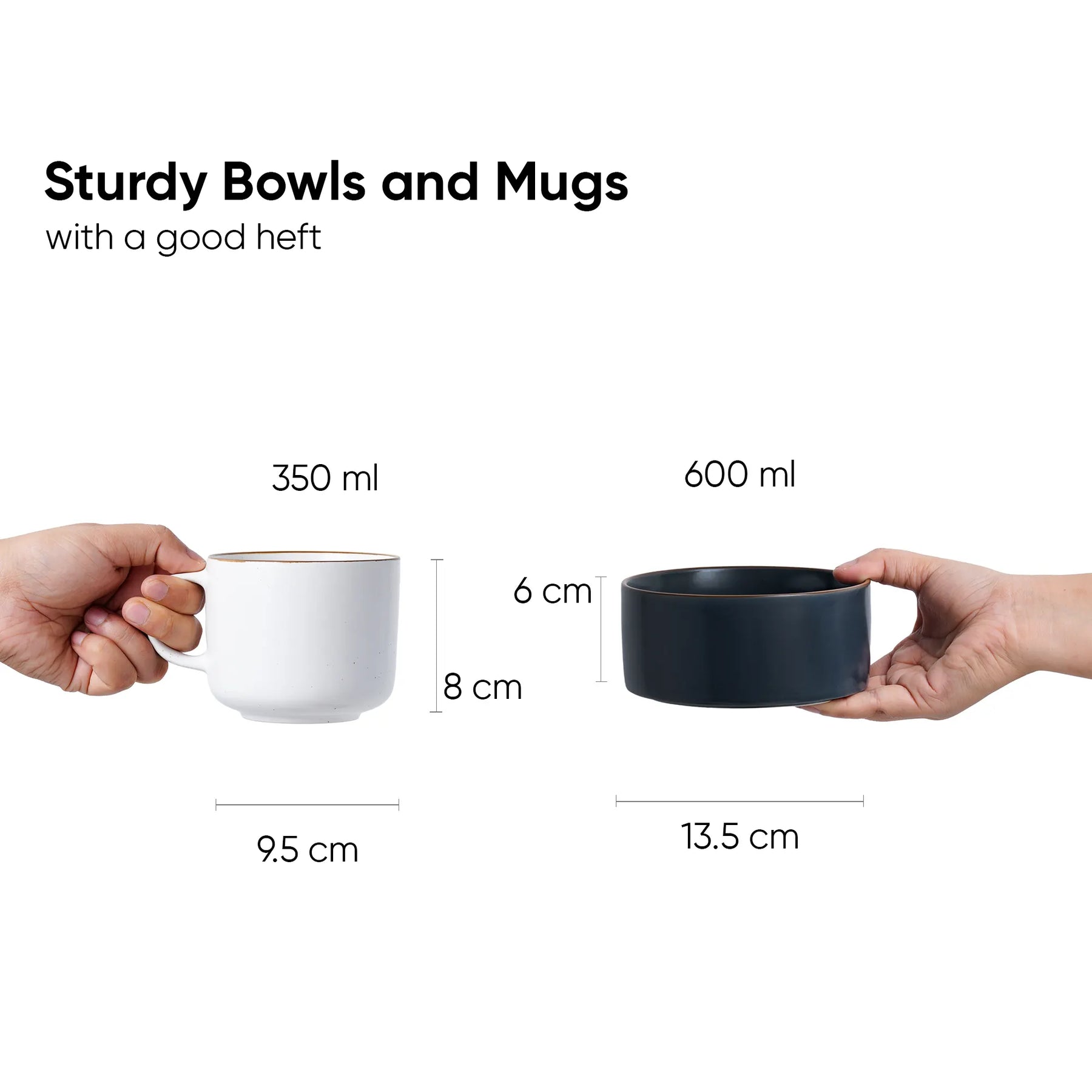Comparison of a white mug and black bowl held by hands, with measurements displayed.