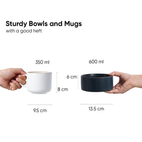 Comparison of a white mug and black bowl held by hands, with measurements displayed.