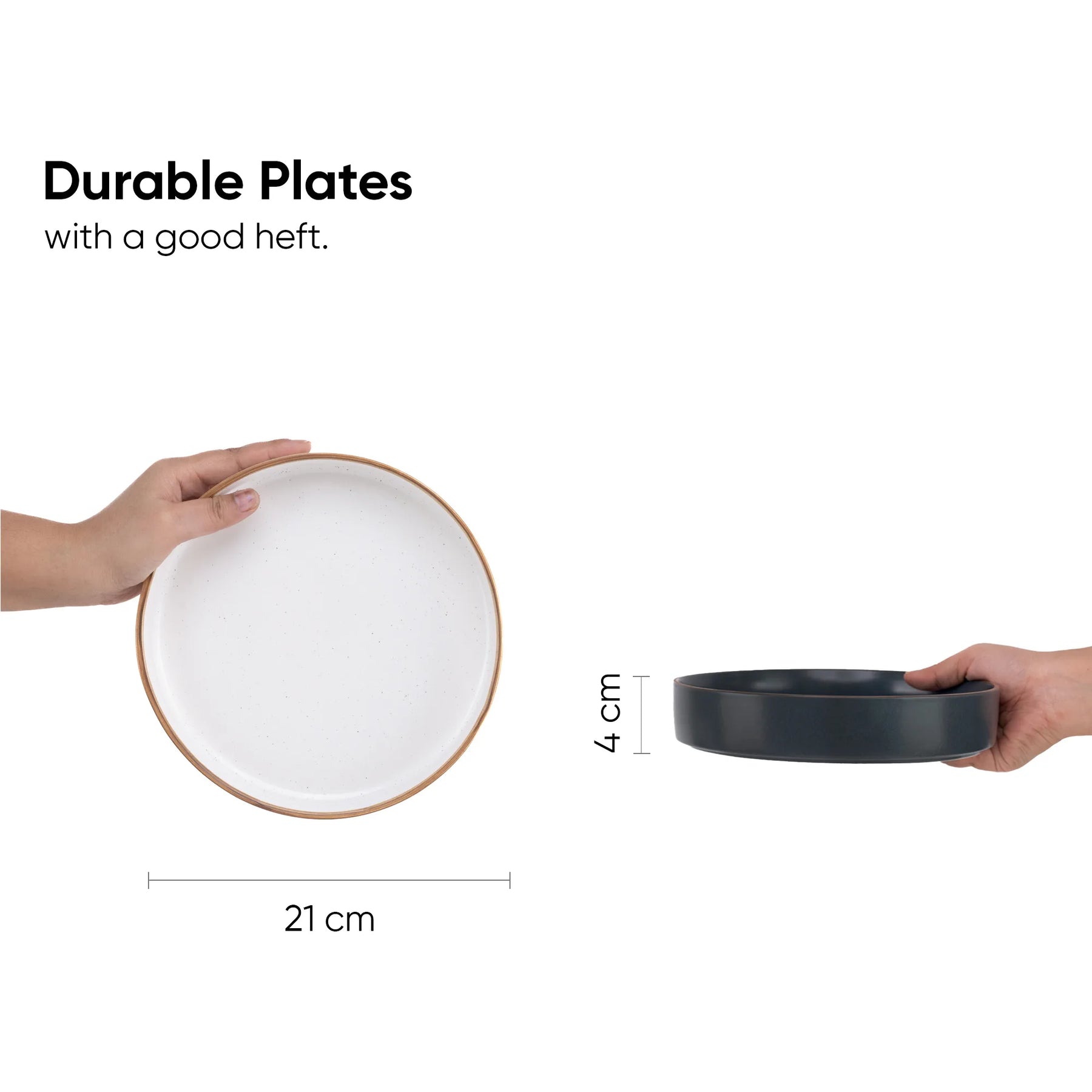Two plates being held, one white and one black, with measurements indicated.