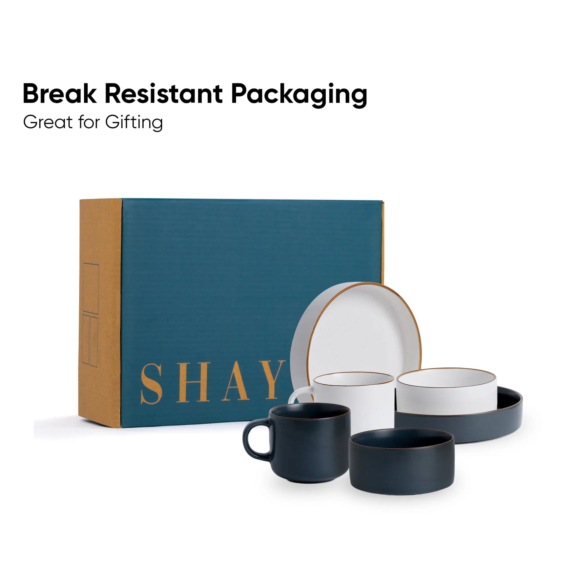 Ceramic dinnerware set with 'SHAY' branded box on a white background