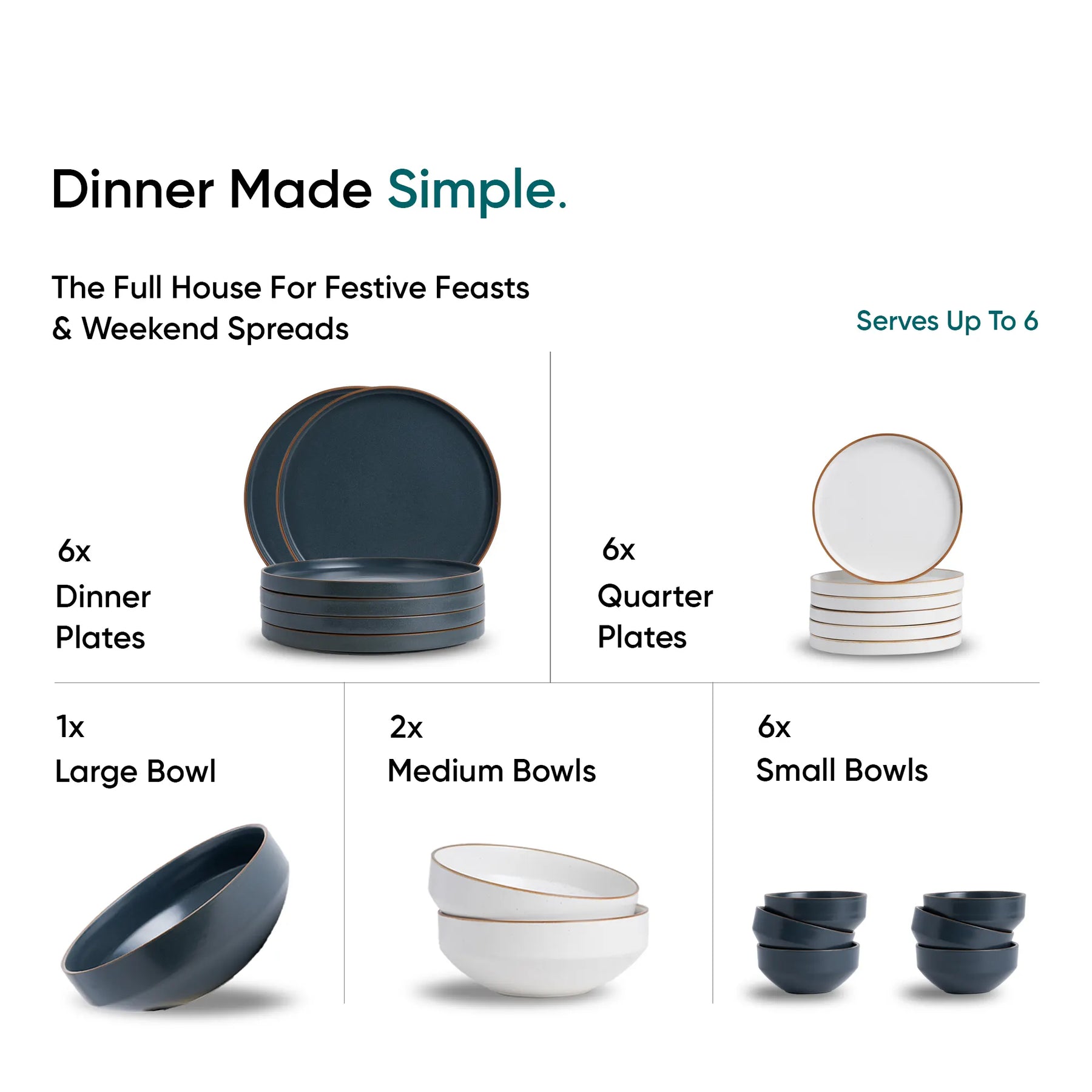 Dishware set with dinner plates, quarter plates, a large bowl, medium bowls, and small bowls on a white background.