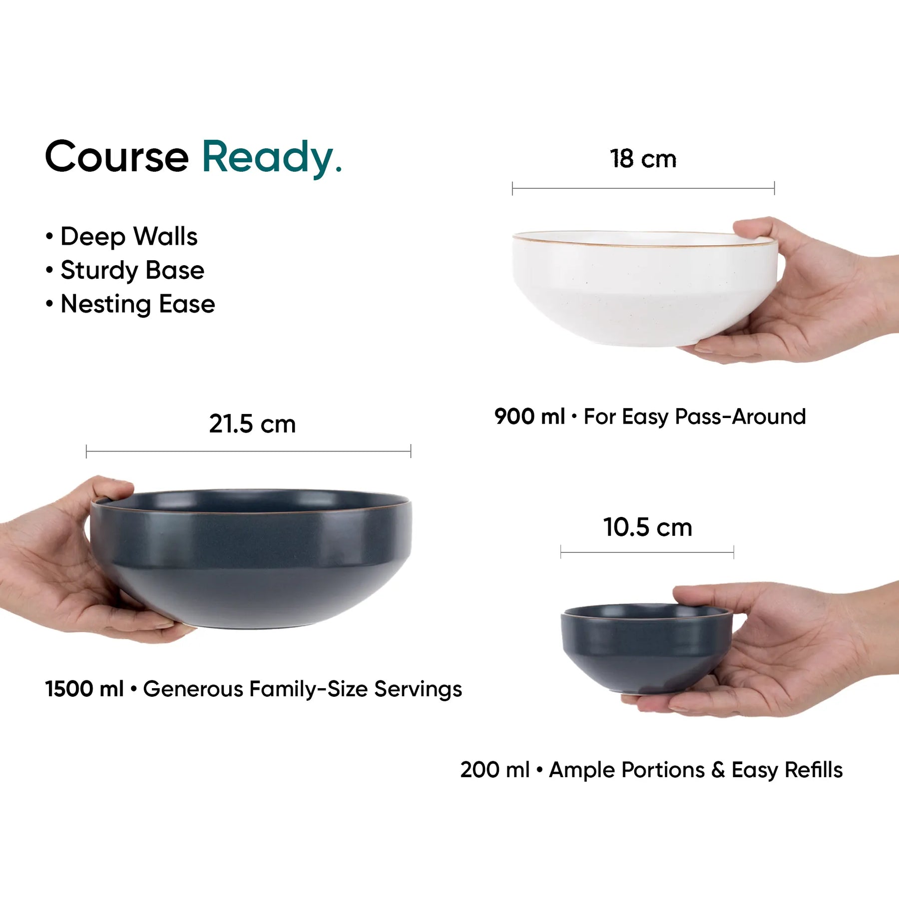 Three bowls of different sizes held by hands with measurements and text on a white background.