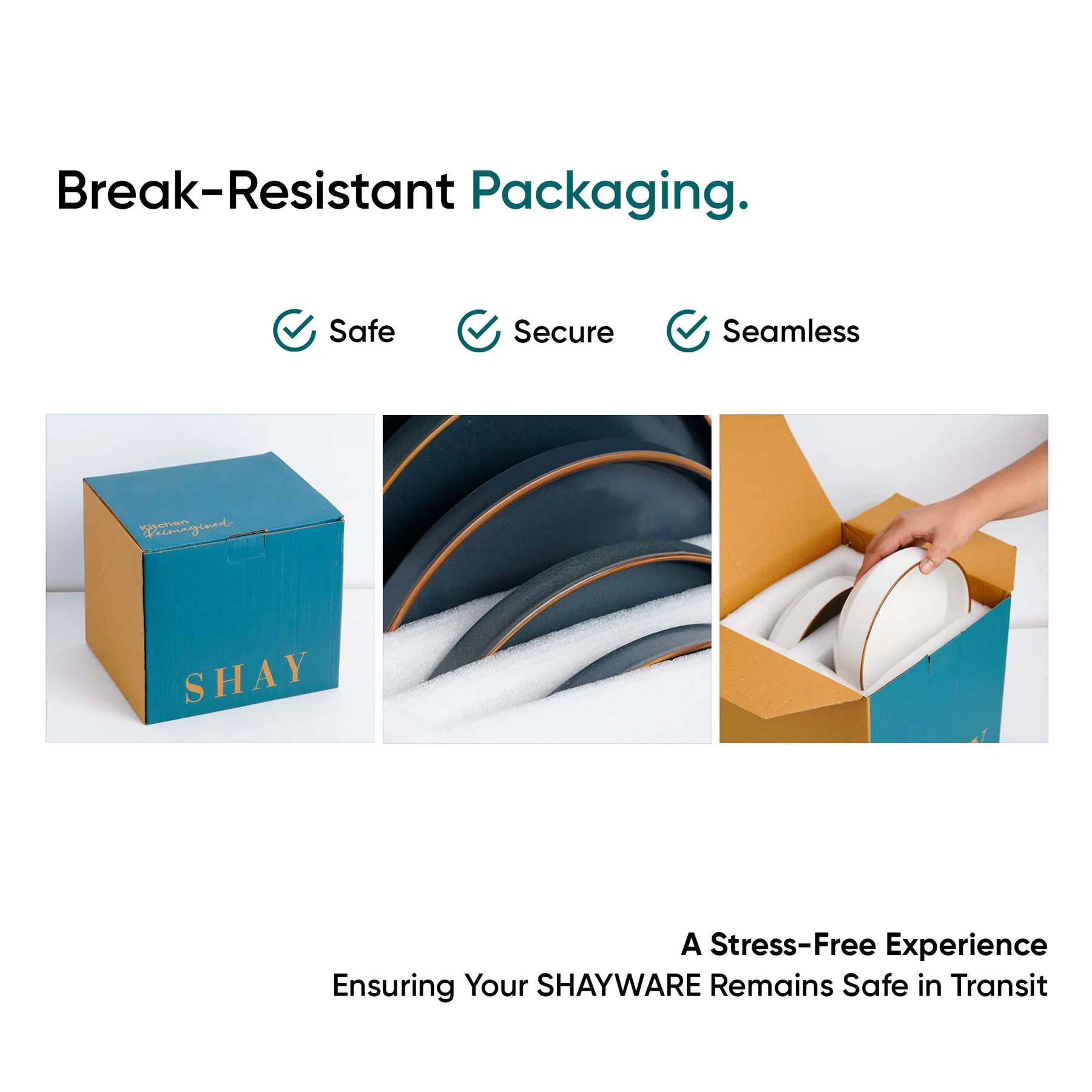 Advertisement for SHAY break-resistant packaging with text 'Safe', 'Secure', 'Seamless'.