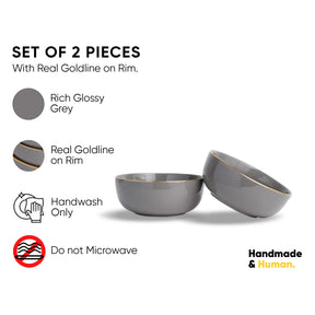 Set of two gray bowls with gold rim, handwashing instructions, and brand logo on a white background.
