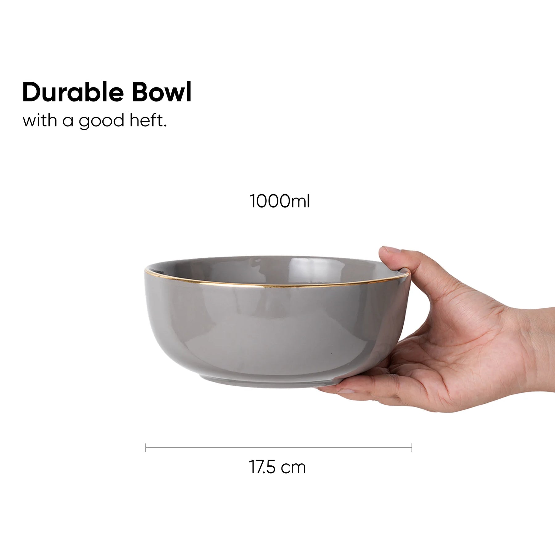 Gray bowl held by a hand with text indicating its capacity and dimensions.