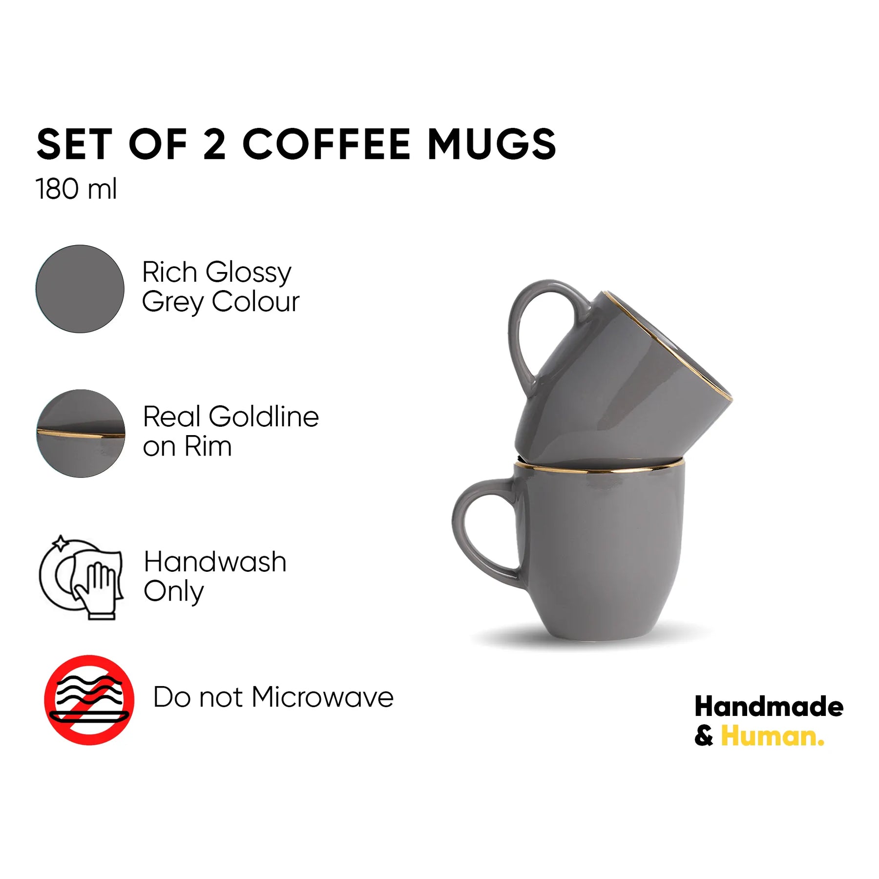 Set of 2 gray coffee mugs with gold rim, shown with product details on a white background.