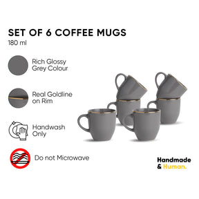 Set of 6 gray coffee mugs with gold rims on a white background, featuring product details.