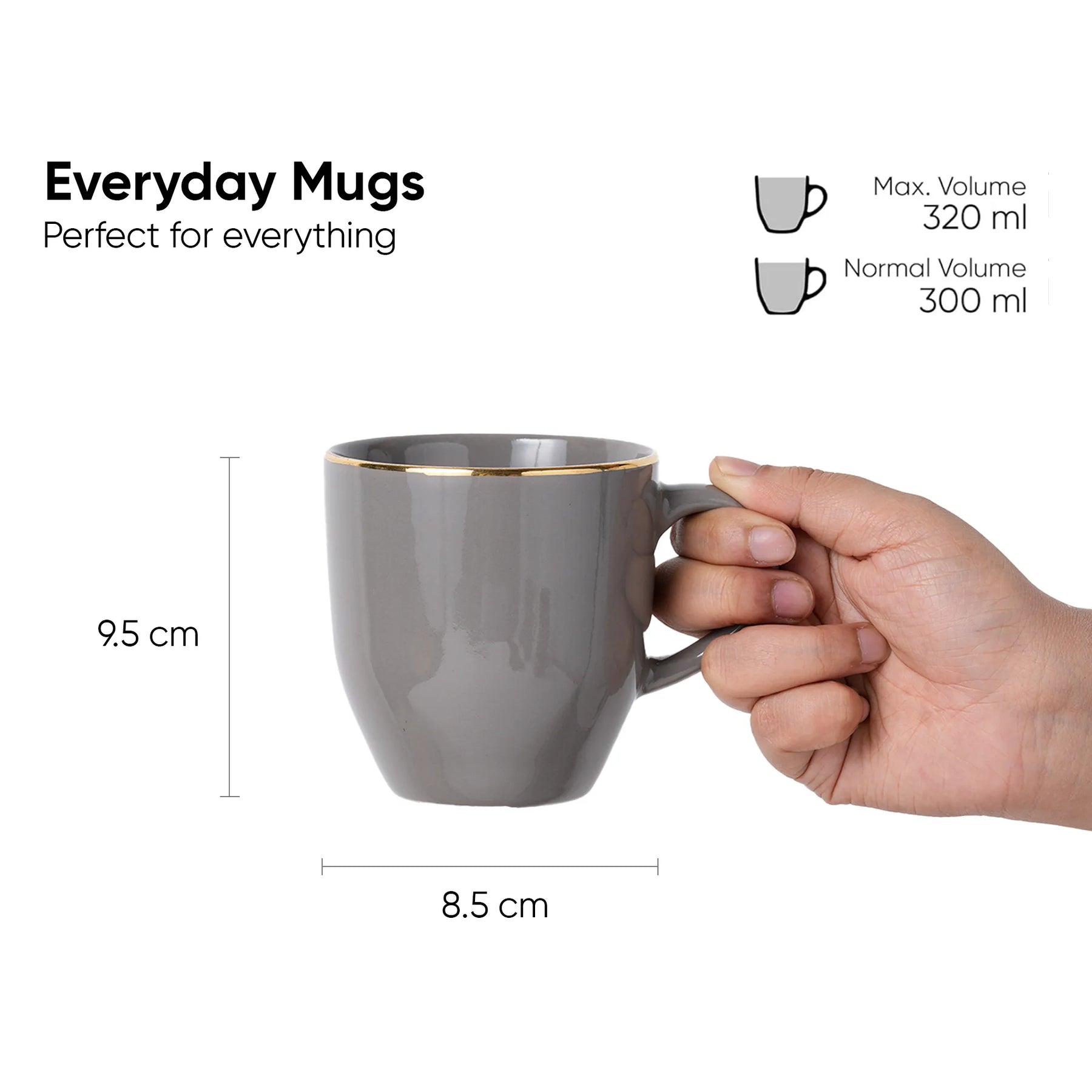 Gray mug held by a hand with dimensions and volume information on a white background