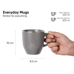 Gray mug held by a hand with dimensions and volume information on a white background