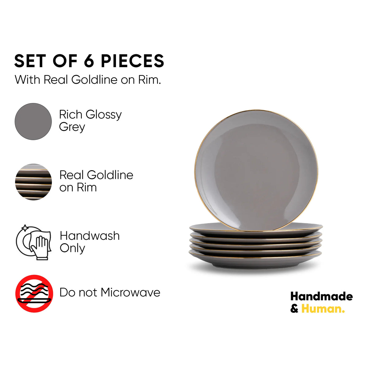 Set of 6 grey plates with gold rim on a white background, featuring product details and care instructions.