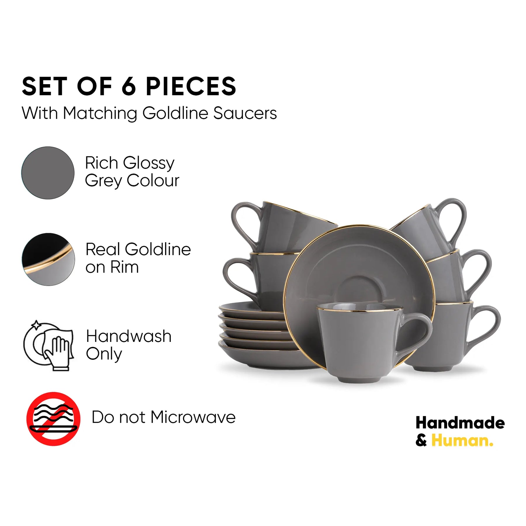 Set of 6 grey ceramic pieces with goldline saucers on a white background, featuring product details.