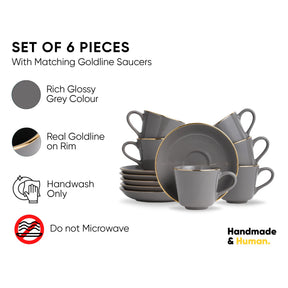 Set of 6 grey ceramic pieces with goldline saucers on a white background, featuring product details.