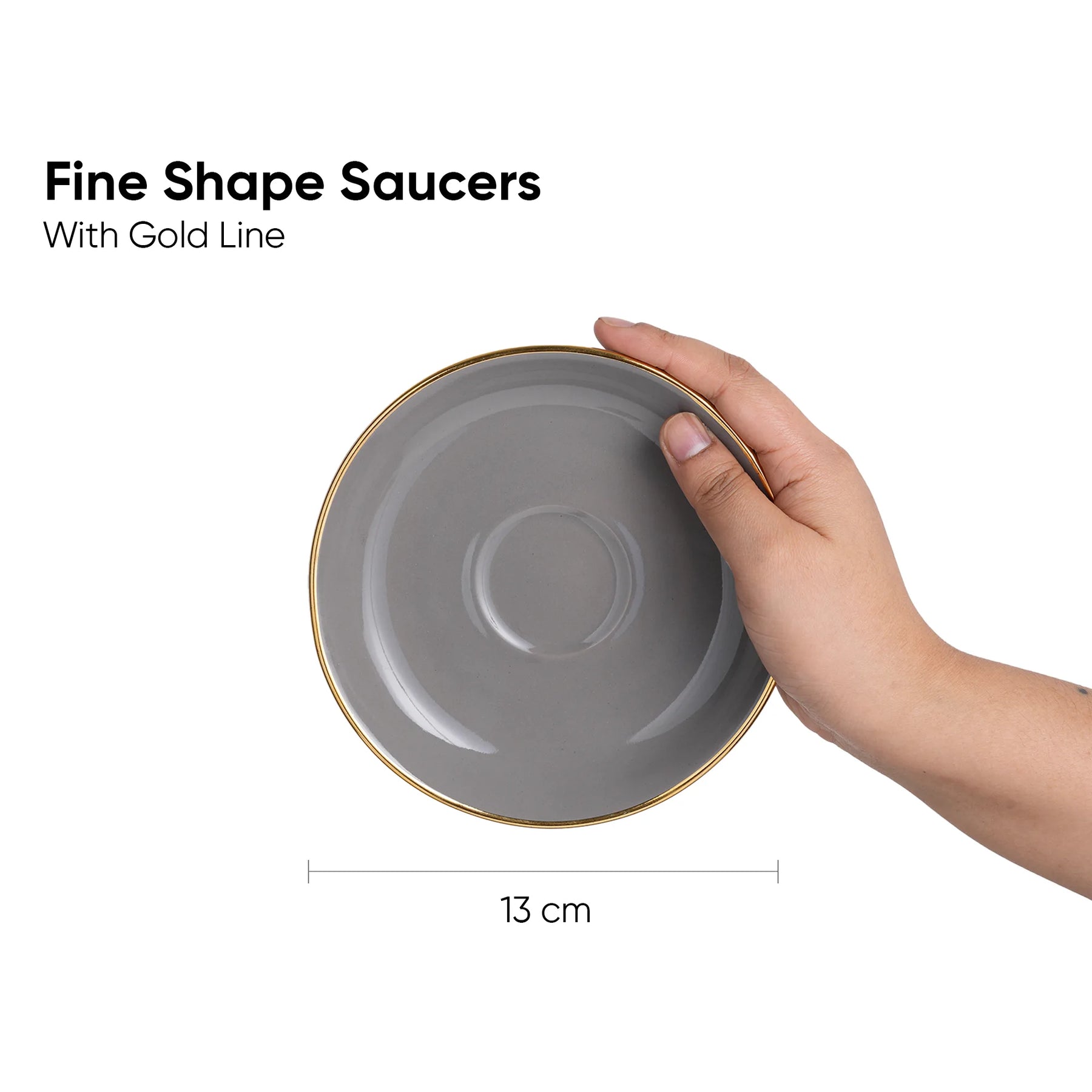 Gray saucer with gold rim held by a hand, labeled 'Fine Shape Saucers With Gold Line'.