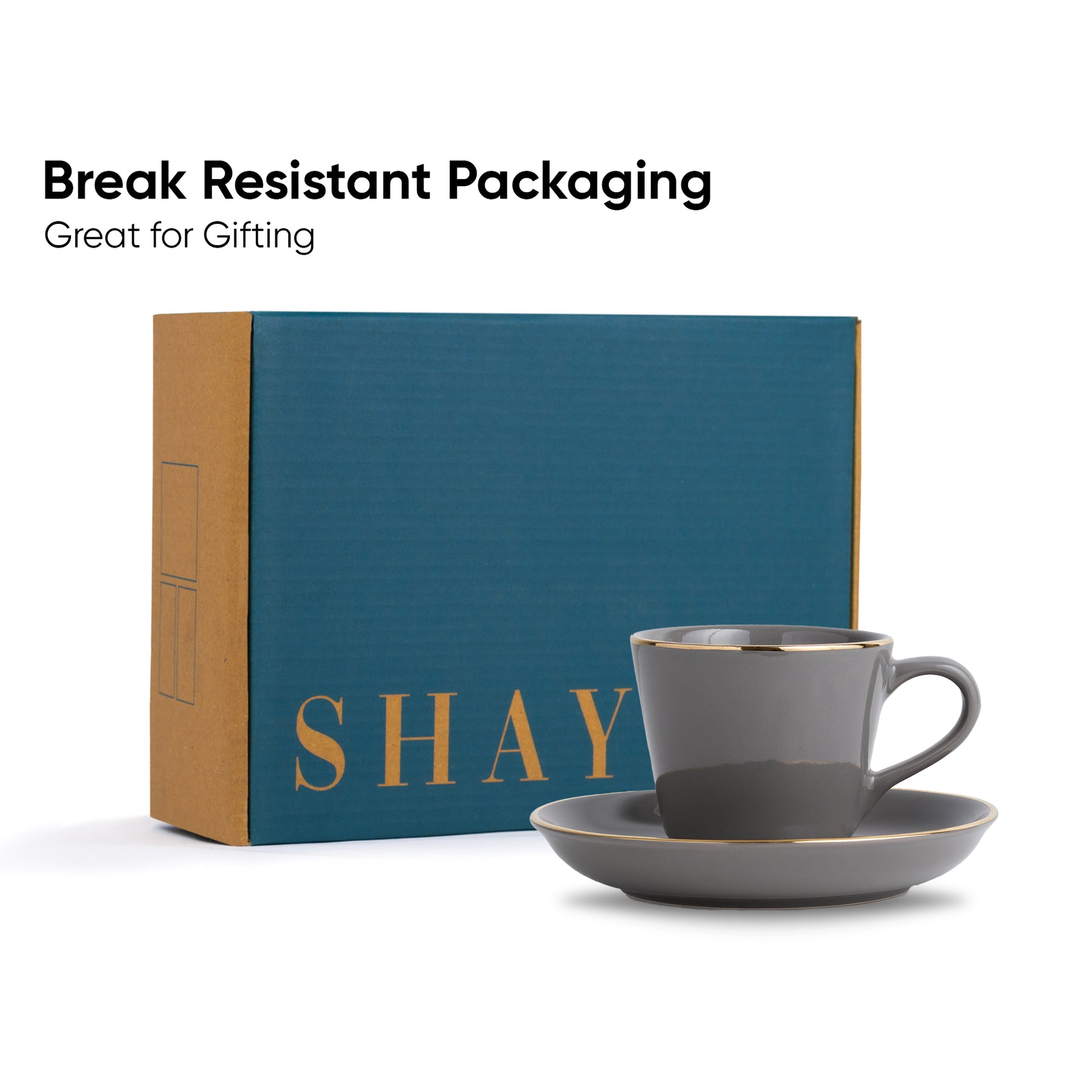 Ceramic Tea Cup & Saucer Set Set of 6 | Grey with Real Gold Line | 180ml