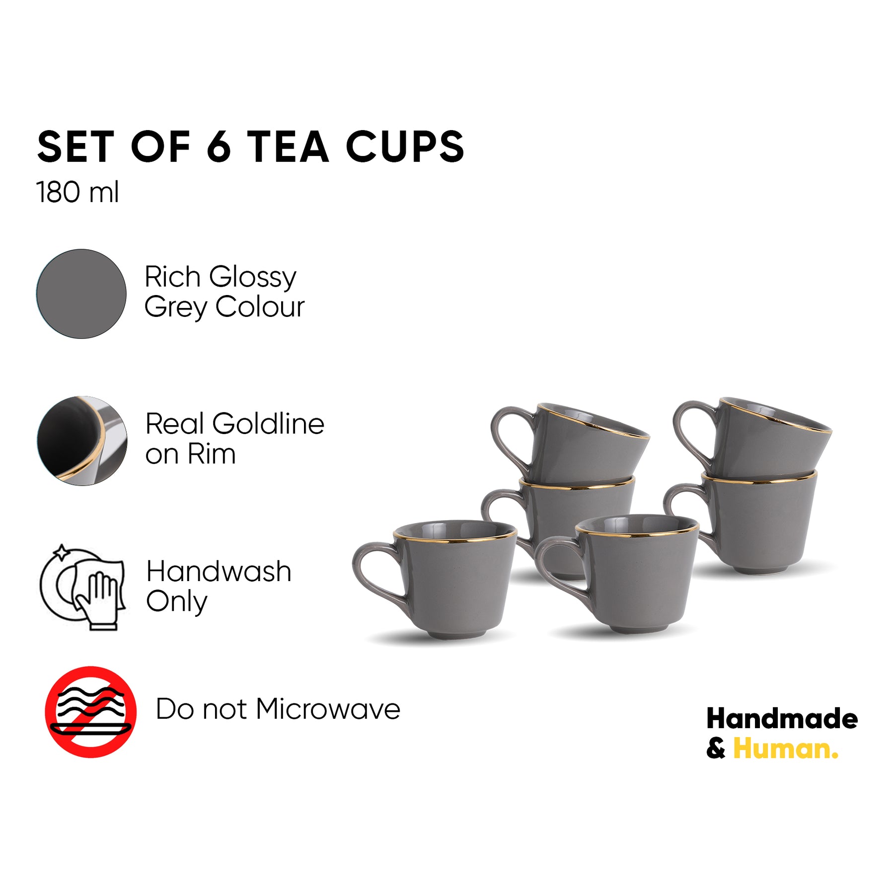 Ceramic Tea Cup Set of 6, Grey with Real Gold Line, 180ml | Glossy Finish