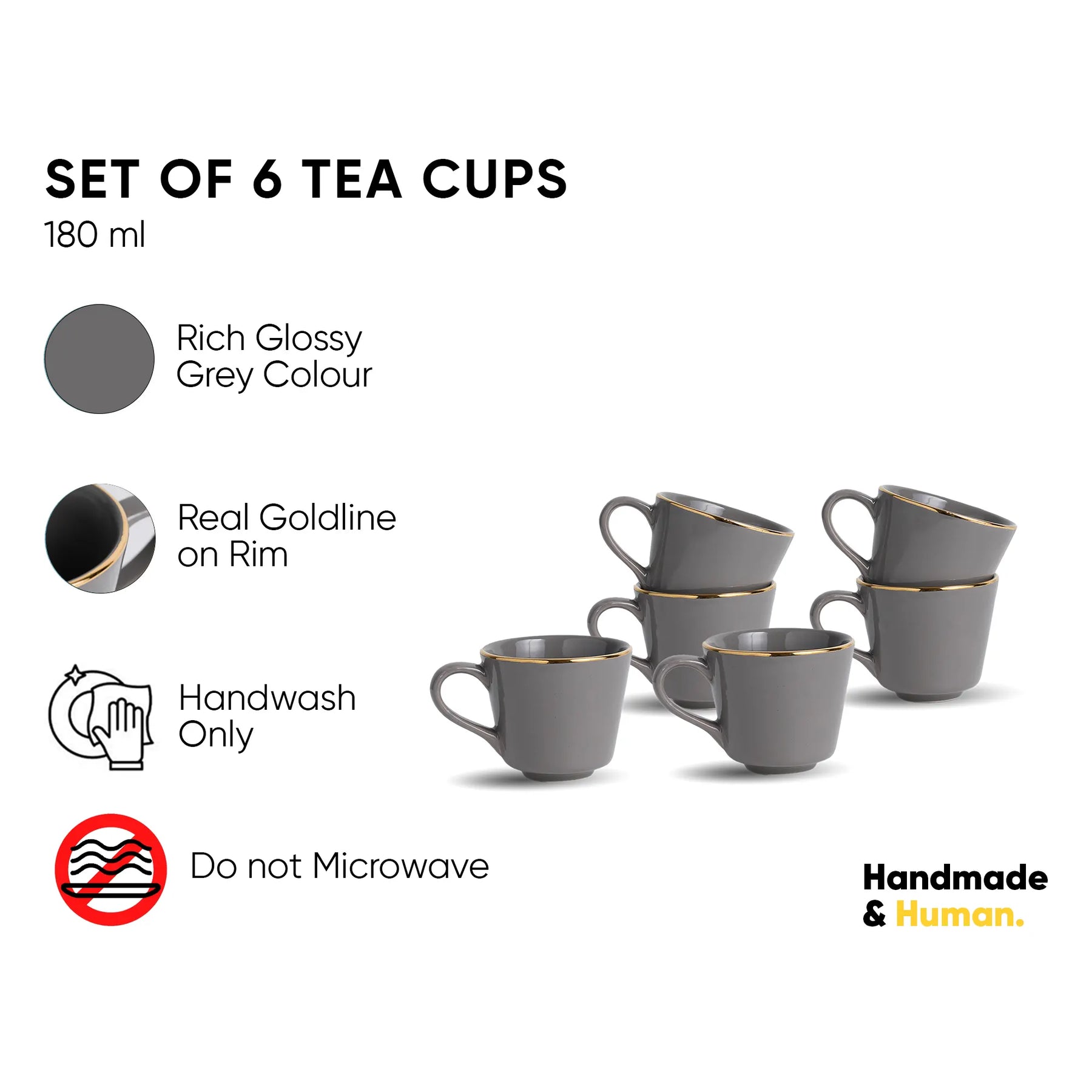 Set of 6 gray mugs with gold rims on a white background