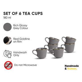Set of 6 gray tea cups with gold rims on a white background, featuring product details.