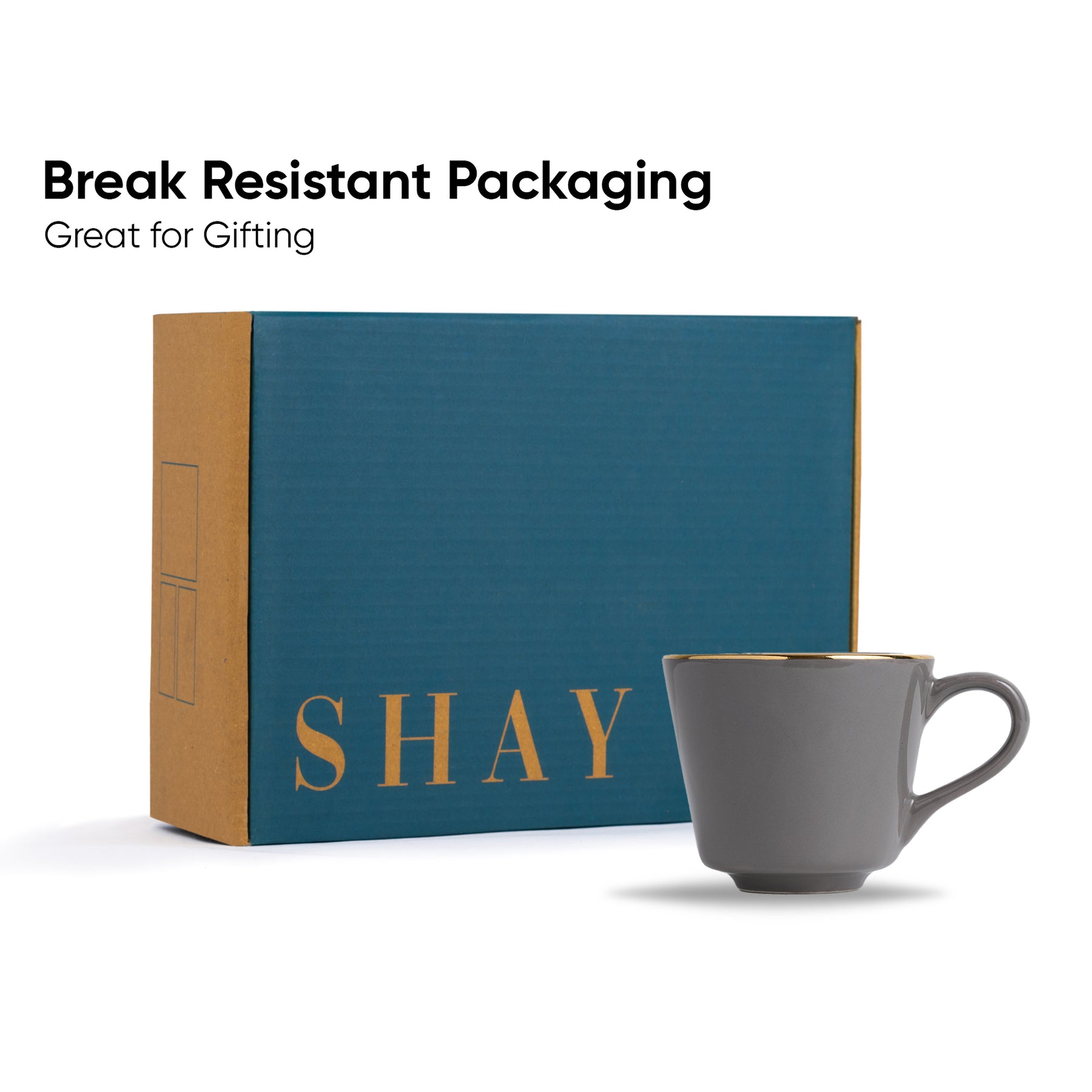 Ceramic Tea Cup Set of 6, Grey with Real Gold Line, 180ml | Glossy Finish