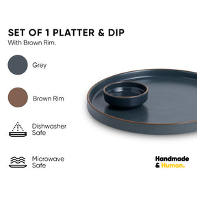 Japandi Ceramic Platter with Dip Bowl – Grey, Large