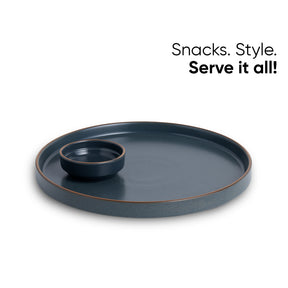 Japandi Ceramic Platter with Dip Bowl – Grey, Large