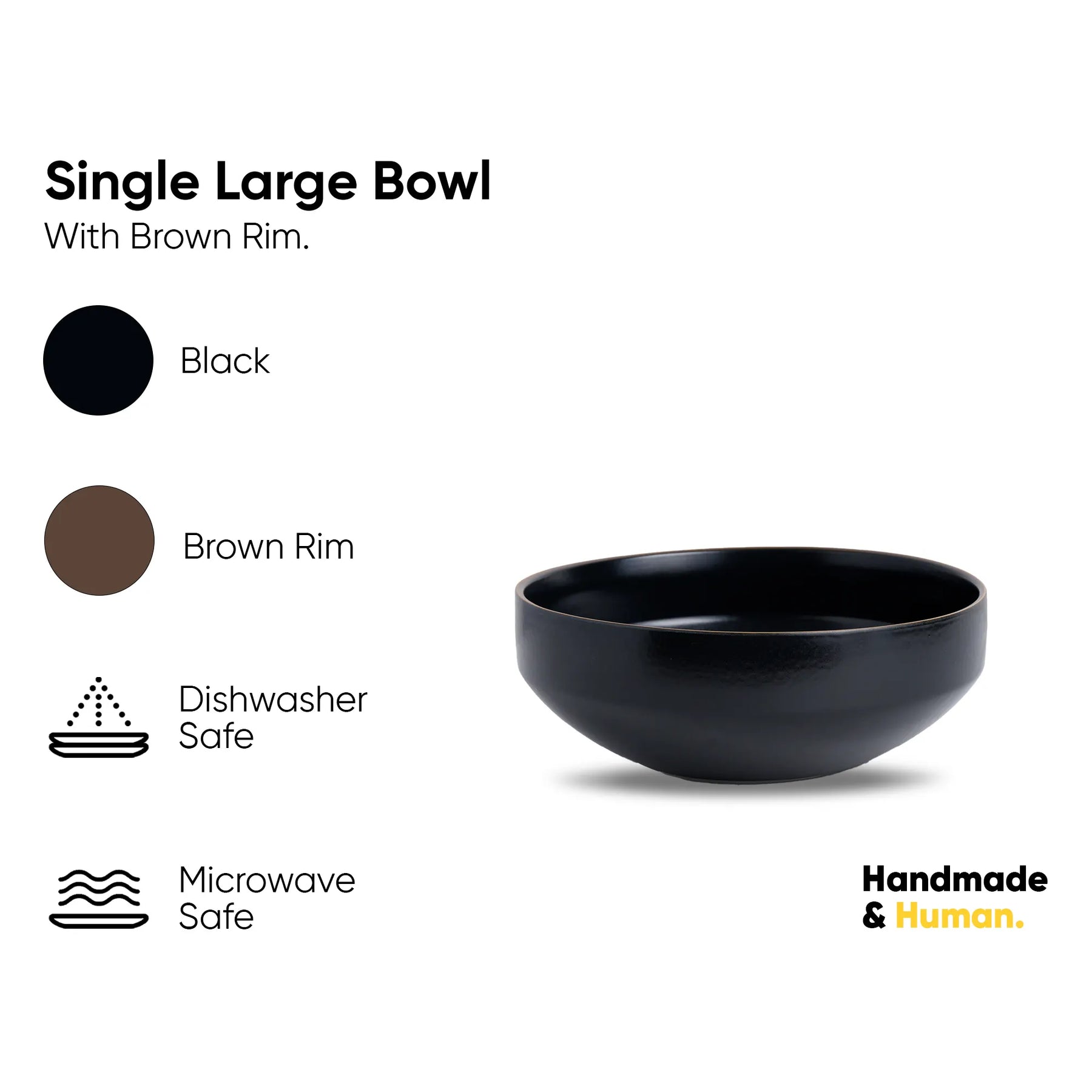 Black bowl with brown rim on a white background, featuring product details and branding.