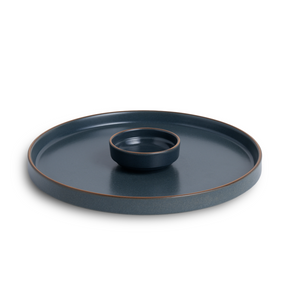 Shay Large Round Ceramic Serving Platter, Grey 1 Platter, 1 Dip | Matte Finish | Japandi Platter | Modern Tableware Online India