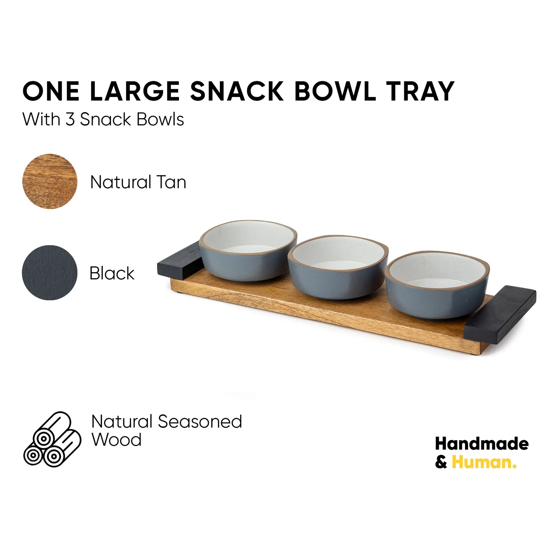 Snack bowl tray with three bowls on a wooden base, labeled 'Handmade & Human'.