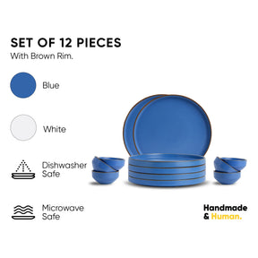 Set of blue dinnerware with brown rim on a white background, featuring icons for dishwasher and microwave safety.