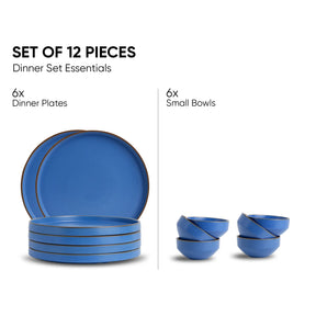 Blue dinner set with 6 dinner plates and 6 small bowls on a white background