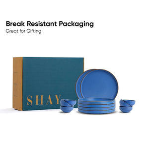 Blue ceramic bowls with 'SHAY' branding on a white background