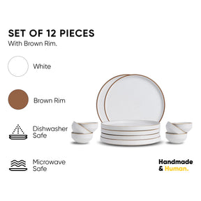 Set of 12 ceramic pieces with brown rim on a white background, featuring icons for dishwasher and microwave safety.