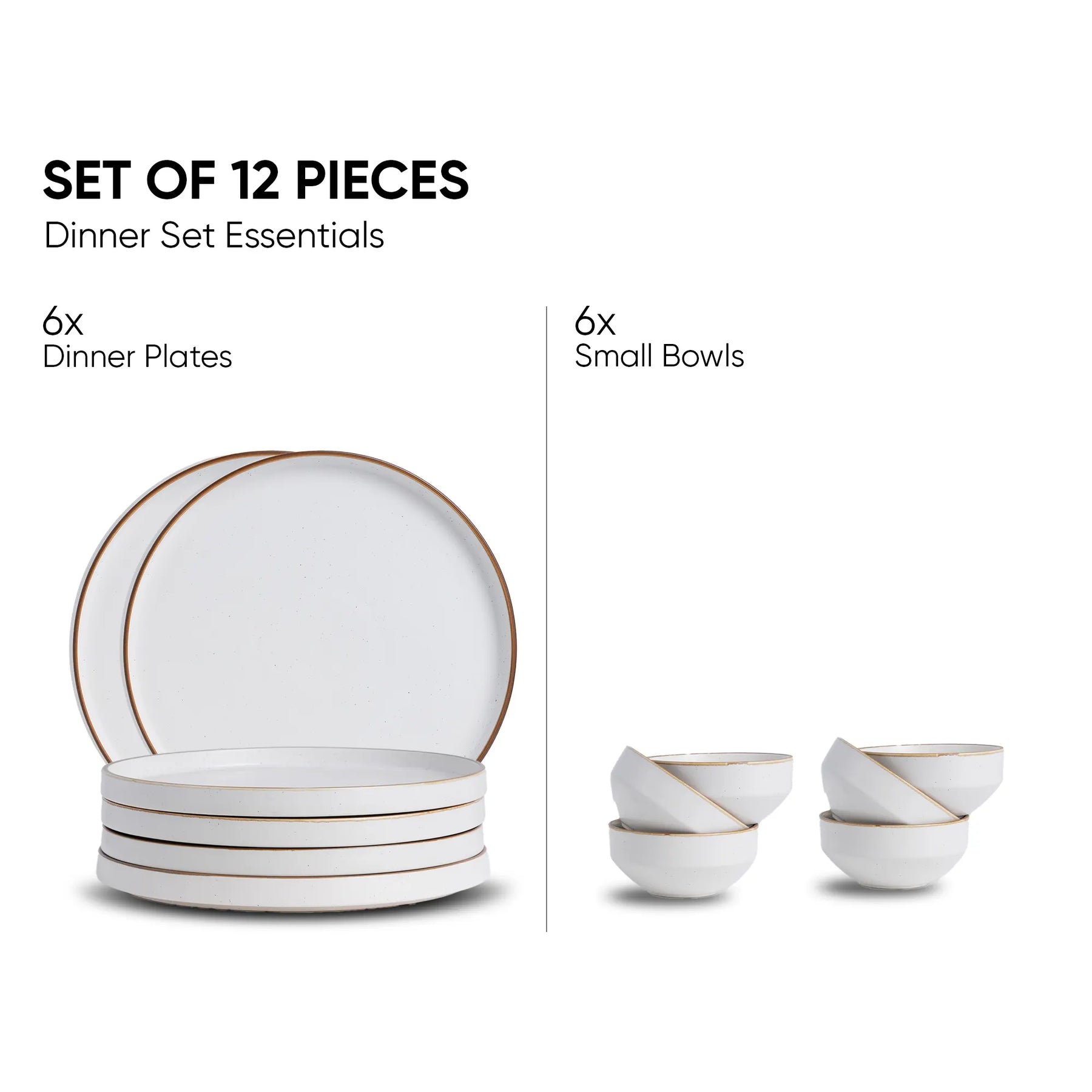 Set of 12-piece dinnerware set with 6 dinner plates and 6 small bowls on a white background.