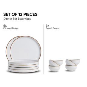 Set of 12-piece dinnerware set with 6 dinner plates and 6 small bowls on a white background.