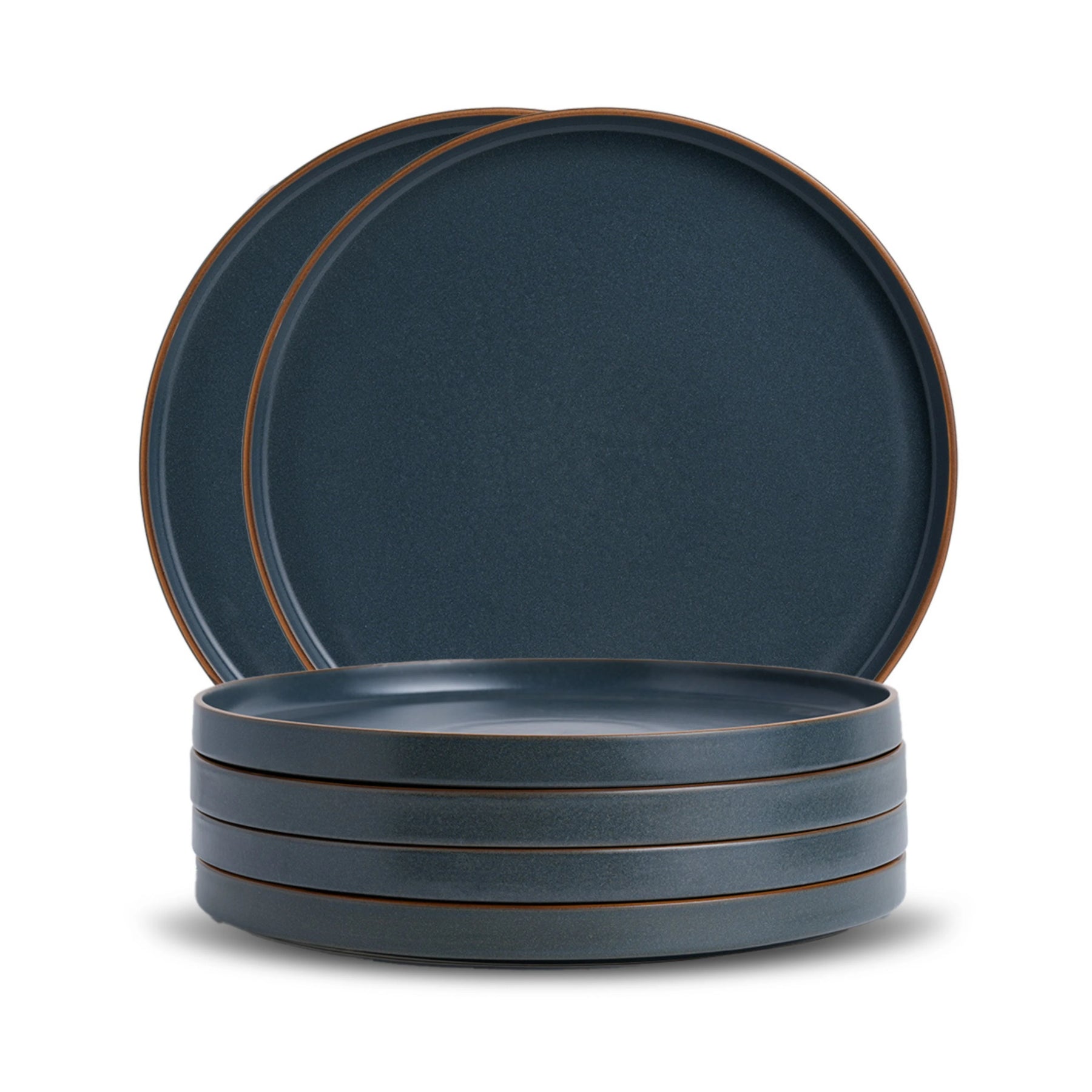 Set of blue ceramic plates with brown rim on a white background