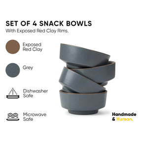 Set of 4 snack bowls with exposed red clay rims on a white background, featuring branding for Handmade & Human.