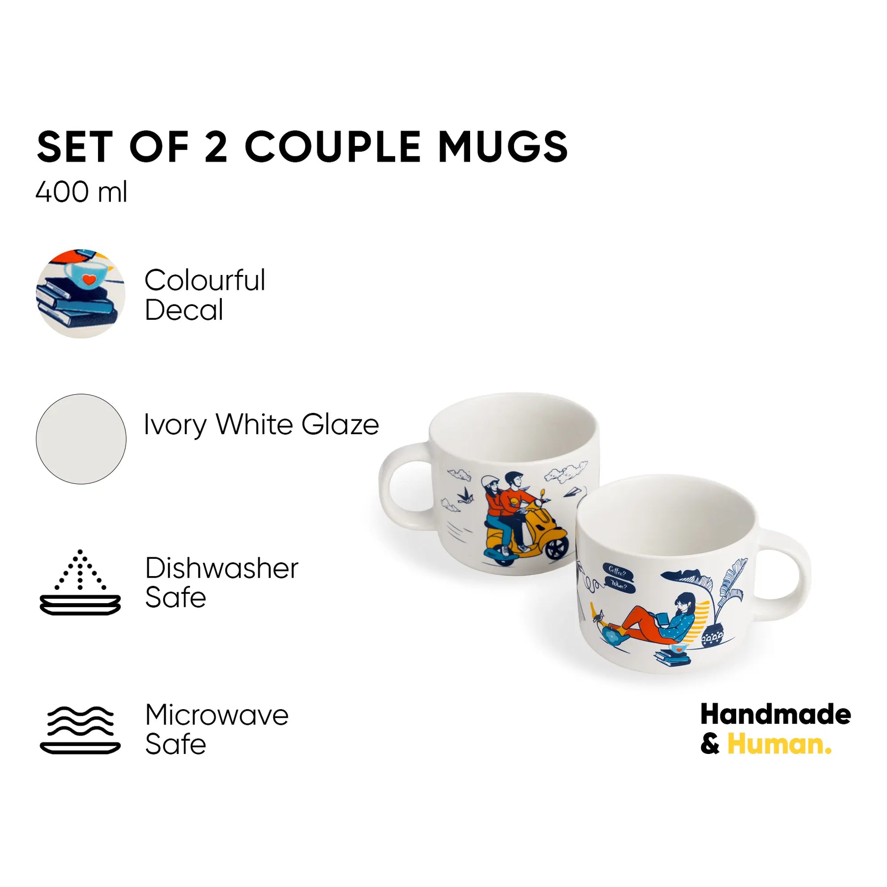 Set of 2 couple mugs with colorful decal on a white background