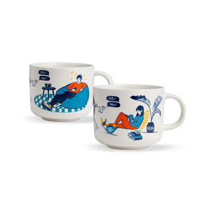 Two mugs with illustrated designs of people sitting on chairs on a white background